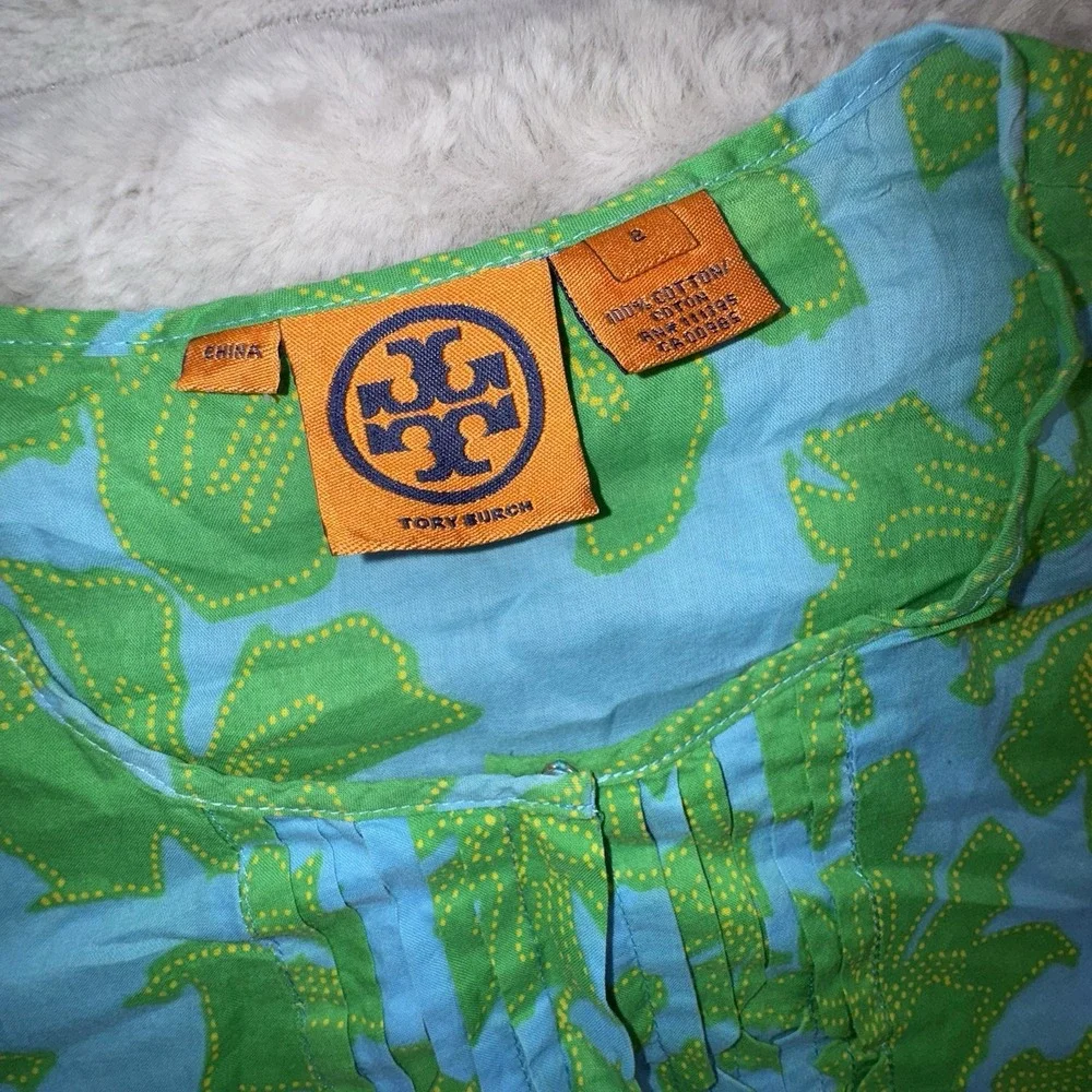 Tory Burch Tank Top Women's 2/XS Bright Green Blue Leaf Ruffled Button Shirt Lux